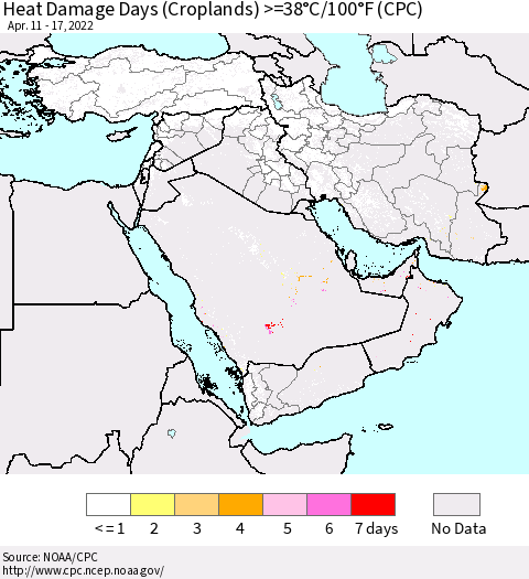 Middle East and Turkey Heat Damage Days (Croplands) >=38°C/100°F (CPC) Thematic Map For 4/11/2022 - 4/17/2022