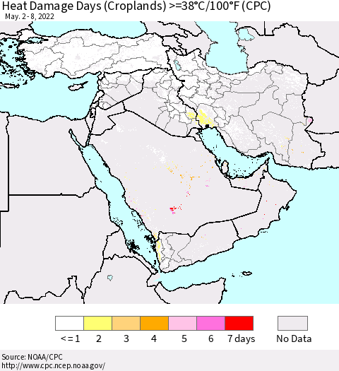 Middle East and Turkey Heat Damage Days (Croplands) >=38°C/100°F (CPC) Thematic Map For 5/2/2022 - 5/8/2022