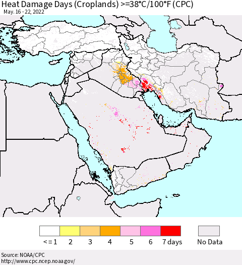 Middle East and Turkey Heat Damage Days (Croplands) >=38°C/100°F (CPC) Thematic Map For 5/16/2022 - 5/22/2022