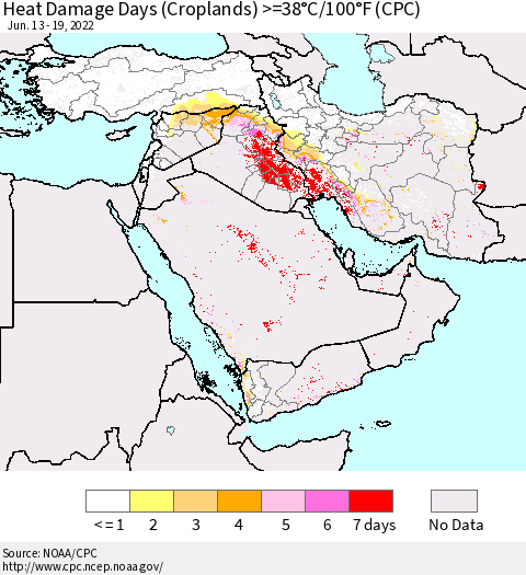 Middle East and Turkey Heat Damage Days (Croplands) >=38°C/100°F (CPC) Thematic Map For 6/13/2022 - 6/19/2022