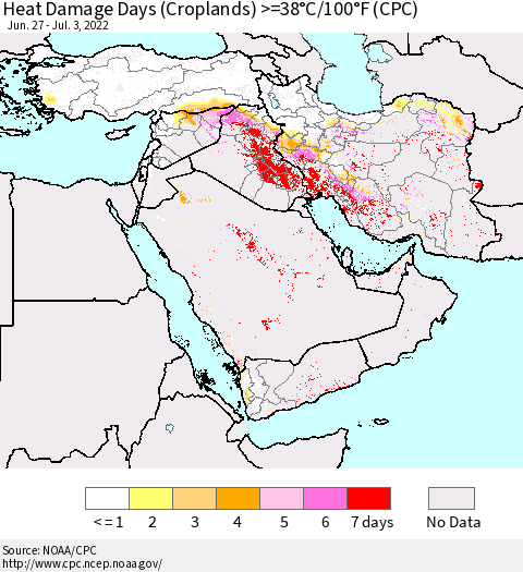 Middle East and Turkey Heat Damage Days (Croplands) >=38°C/100°F (CPC) Thematic Map For 6/27/2022 - 7/3/2022