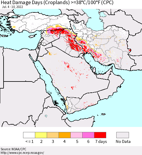 Middle East and Turkey Heat Damage Days (Croplands) >=38°C/100°F (CPC) Thematic Map For 7/4/2022 - 7/10/2022