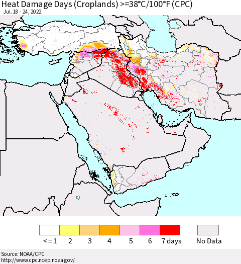 Middle East and Turkey Heat Damage Days (Croplands) >=38°C/100°F (CPC) Thematic Map For 7/18/2022 - 7/24/2022