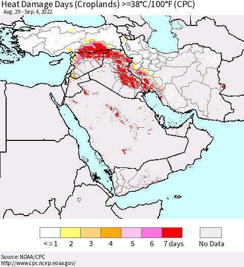 Middle East and Turkey Heat Damage Days (Croplands) >=38°C/100°F (CPC) Thematic Map For 8/29/2022 - 9/4/2022