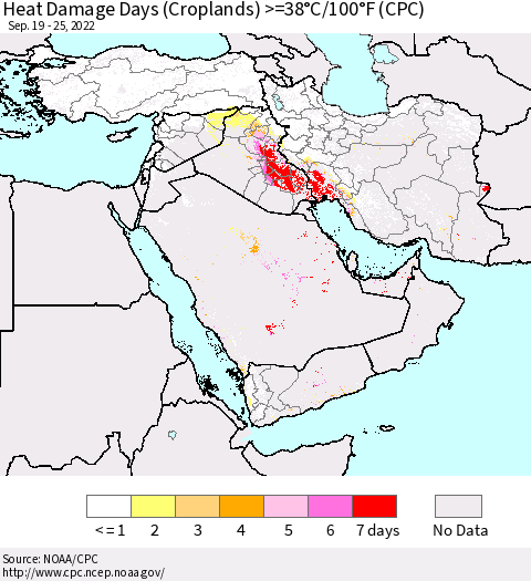 Middle East and Turkey Heat Damage Days (Croplands) >=38°C/100°F (CPC) Thematic Map For 9/19/2022 - 9/25/2022