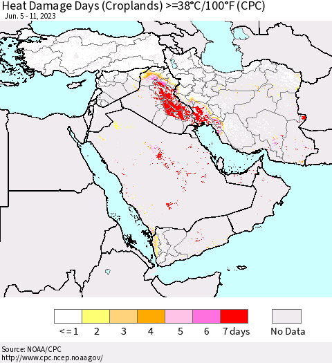Middle East and Turkey Heat Damage Days (Croplands) >=38°C/100°F (CPC) Thematic Map For 6/5/2023 - 6/11/2023