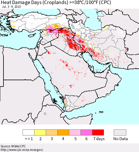 Middle East and Turkey Heat Damage Days (Croplands) >=38°C/100°F (CPC) Thematic Map For 7/3/2023 - 7/9/2023