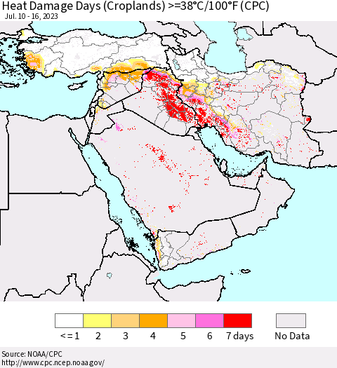 Middle East and Turkey Heat Damage Days (Croplands) >=38°C/100°F (CPC) Thematic Map For 7/10/2023 - 7/16/2023