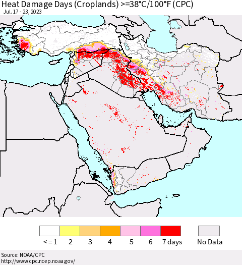 Middle East and Turkey Heat Damage Days (Croplands) >=38°C/100°F (CPC) Thematic Map For 7/17/2023 - 7/23/2023