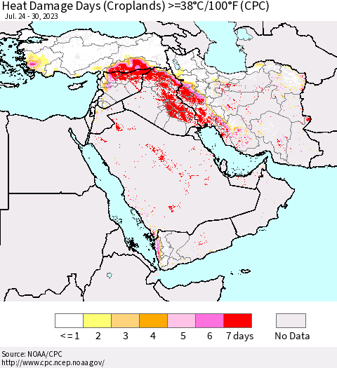 Middle East and Turkey Heat Damage Days (Croplands) >=38°C/100°F (CPC) Thematic Map For 7/24/2023 - 7/30/2023