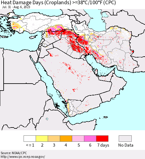 Middle East and Turkey Heat Damage Days (Croplands) >=38°C/100°F (CPC) Thematic Map For 7/31/2023 - 8/6/2023