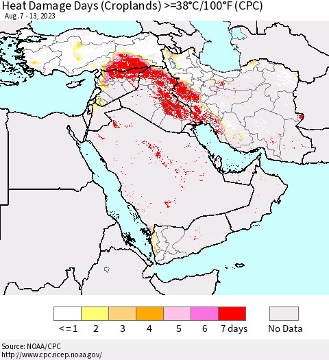 Middle East and Turkey Heat Damage Days (Croplands) >=38°C/100°F (CPC) Thematic Map For 8/7/2023 - 8/13/2023