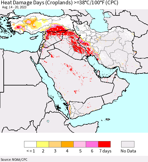 Middle East and Turkey Heat Damage Days (Croplands) >=38°C/100°F (CPC) Thematic Map For 8/14/2023 - 8/20/2023