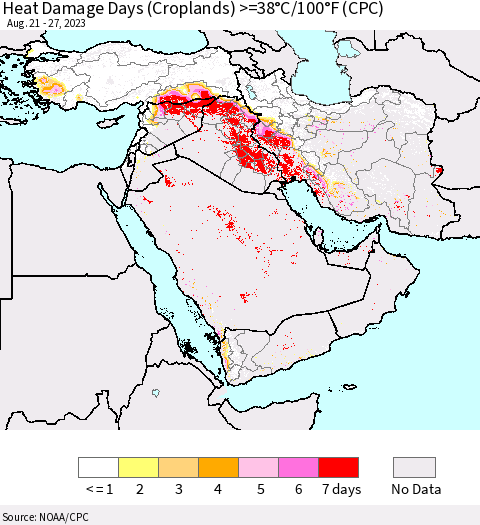 Middle East and Turkey Heat Damage Days (Croplands) >=38°C/100°F (CPC) Thematic Map For 8/21/2023 - 8/27/2023