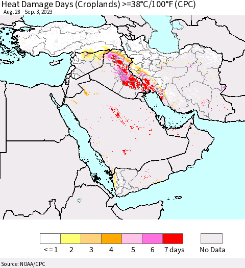 Middle East and Turkey Heat Damage Days (Croplands) >=38°C/100°F (CPC) Thematic Map For 8/28/2023 - 9/3/2023