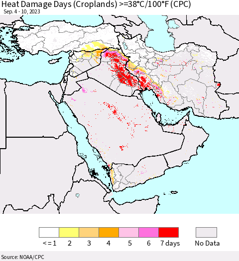 Middle East and Turkey Heat Damage Days (Croplands) >=38°C/100°F (CPC) Thematic Map For 9/4/2023 - 9/10/2023