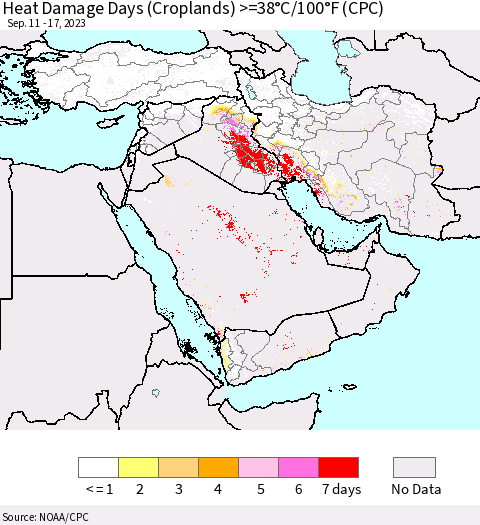 Middle East and Turkey Heat Damage Days (Croplands) >=38°C/100°F (CPC) Thematic Map For 9/11/2023 - 9/17/2023