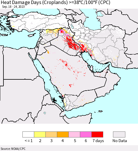 Middle East and Turkey Heat Damage Days (Croplands) >=38°C/100°F (CPC) Thematic Map For 9/18/2023 - 9/24/2023
