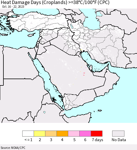 Middle East and Turkey Heat Damage Days (Croplands) >=38°C/100°F (CPC) Thematic Map For 10/16/2023 - 10/22/2023