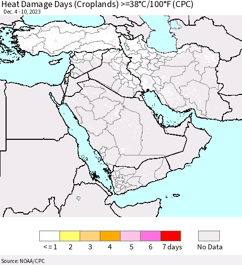 Middle East and Turkey Heat Damage Days (Croplands) >=38°C/100°F (CPC) Thematic Map For 12/4/2023 - 12/10/2023