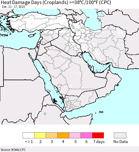 Middle East and Turkey Heat Damage Days (Croplands) >=38°C/100°F (CPC) Thematic Map For 12/11/2023 - 12/17/2023