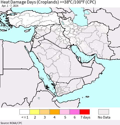 Middle East and Turkey Heat Damage Days (Croplands) >=38°C/100°F (CPC) Thematic Map For 4/1/2024 - 4/7/2024