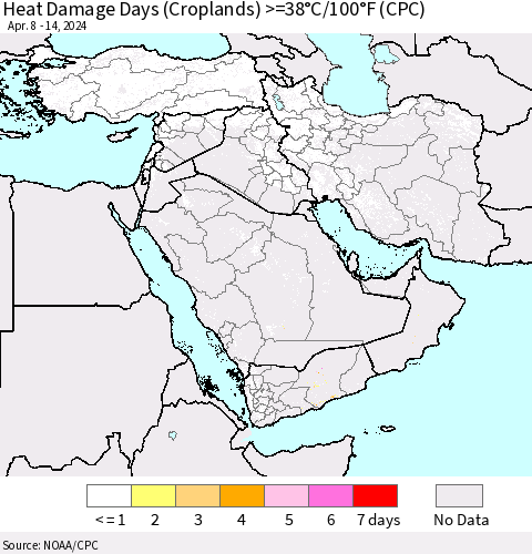 Middle East and Turkey Heat Damage Days (Croplands) >=38°C/100°F (CPC) Thematic Map For 4/8/2024 - 4/14/2024