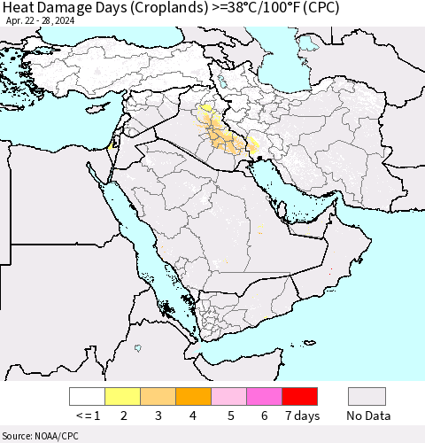 Middle East and Turkey Heat Damage Days (Croplands) >=38°C/100°F (CPC) Thematic Map For 4/22/2024 - 4/28/2024
