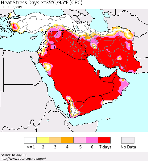 Middle East and Turkey Heat Stress Days >=35°C/95°F (CPC) Thematic Map For 7/1/2019 - 7/7/2019