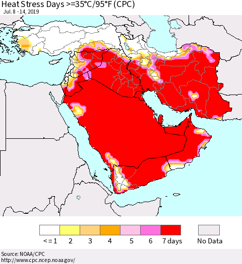 Middle East and Turkey Heat Stress Days >=35°C/95°F (CPC) Thematic Map For 7/8/2019 - 7/14/2019