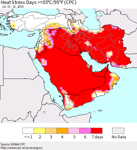 Middle East and Turkey Heat Stress Days >=35°C/95°F (CPC) Thematic Map For 7/15/2019 - 7/21/2019