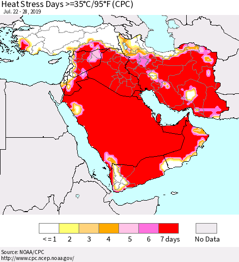 Middle East and Turkey Heat Stress Days >=35°C/95°F (CPC) Thematic Map For 7/22/2019 - 7/28/2019