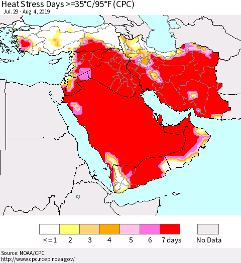 Middle East and Turkey Heat Stress Days >=35°C/95°F (CPC) Thematic Map For 7/29/2019 - 8/4/2019