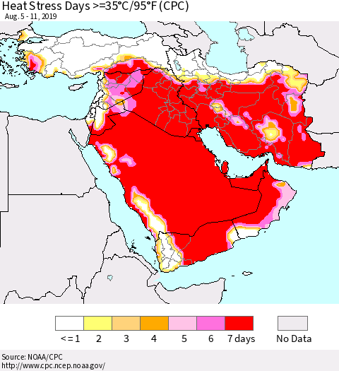 Middle East and Turkey Heat Stress Days >=35°C/95°F (CPC) Thematic Map For 8/5/2019 - 8/11/2019