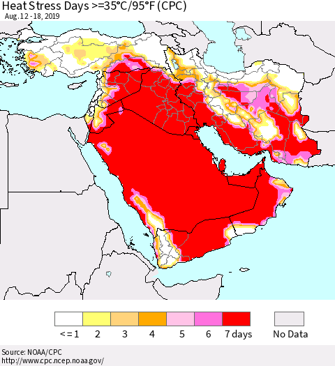 Middle East and Turkey Heat Stress Days >=35°C/95°F (CPC) Thematic Map For 8/12/2019 - 8/18/2019