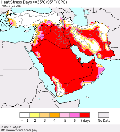 Middle East and Turkey Heat Stress Days >=35°C/95°F (CPC) Thematic Map For 8/19/2019 - 8/25/2019
