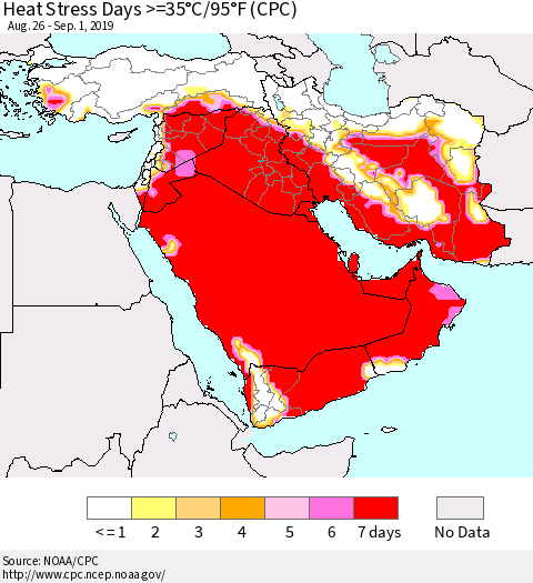 Middle East and Turkey Heat Stress Days >=35°C/95°F (CPC) Thematic Map For 8/26/2019 - 9/1/2019