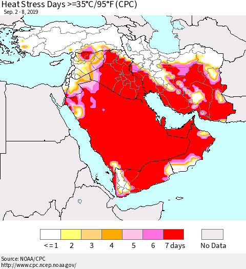 Middle East and Turkey Heat Stress Days >=35°C/95°F (CPC) Thematic Map For 9/2/2019 - 9/8/2019