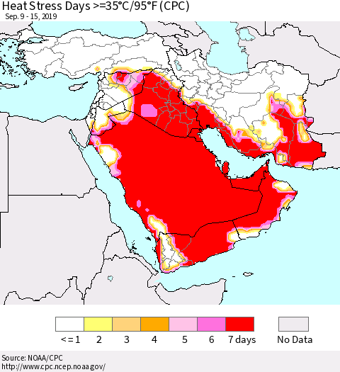 Middle East and Turkey Heat Stress Days >=35°C/95°F (CPC) Thematic Map For 9/9/2019 - 9/15/2019