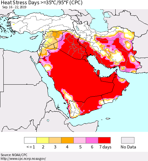 Middle East and Turkey Heat Stress Days >=35°C/95°F (CPC) Thematic Map For 9/16/2019 - 9/22/2019