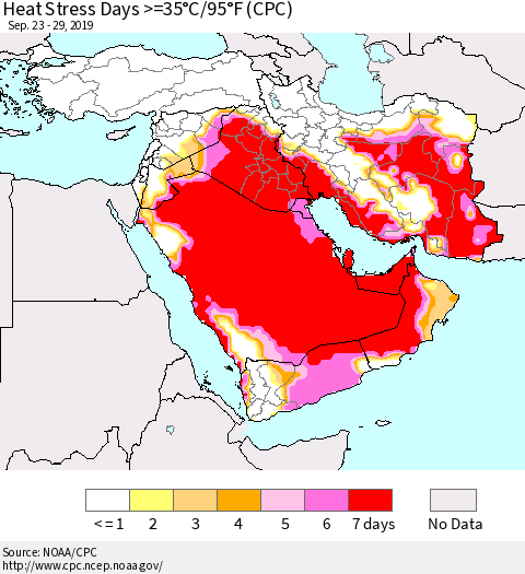 Middle East and Turkey Heat Stress Days >=35°C/95°F (CPC) Thematic Map For 9/23/2019 - 9/29/2019