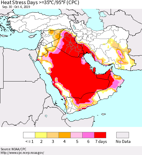 Middle East and Turkey Heat Stress Days >=35°C/95°F (CPC) Thematic Map For 9/30/2019 - 10/6/2019