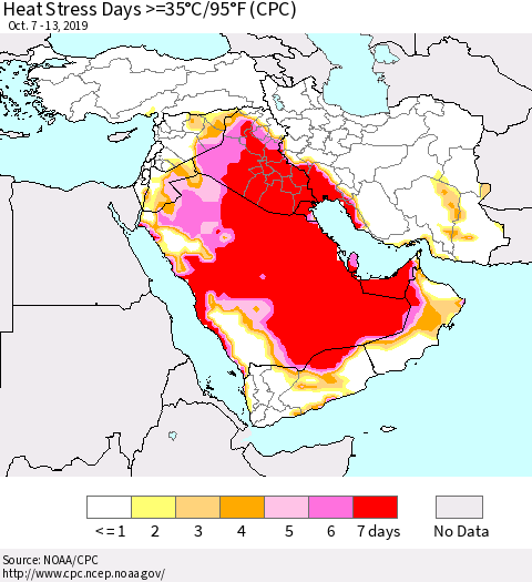 Middle East and Turkey Heat Stress Days >=35°C/95°F (CPC) Thematic Map For 10/7/2019 - 10/13/2019