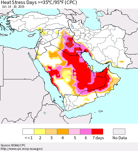 Middle East and Turkey Heat Stress Days >=35°C/95°F (CPC) Thematic Map For 10/14/2019 - 10/20/2019