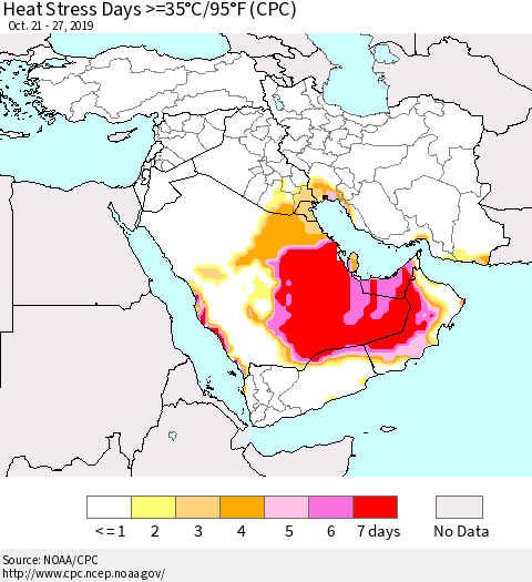 Middle East and Turkey Heat Stress Days >=35°C/95°F (CPC) Thematic Map For 10/21/2019 - 10/27/2019