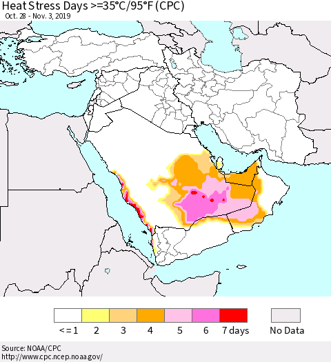 Middle East and Turkey Heat Stress Days >=35°C/95°F (CPC) Thematic Map For 10/28/2019 - 11/3/2019