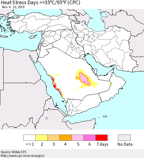 Middle East and Turkey Heat Stress Days >=35°C/95°F (CPC) Thematic Map For 11/4/2019 - 11/10/2019