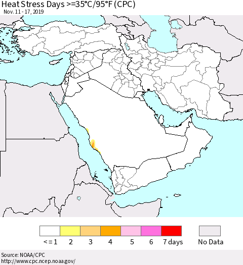 Middle East and Turkey Heat Stress Days >=35°C/95°F (CPC) Thematic Map For 11/11/2019 - 11/17/2019