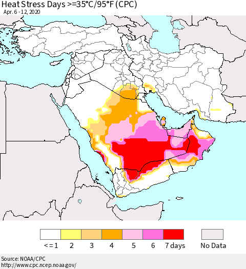 Middle East and Turkey Heat Stress Days >=35°C/95°F (CPC) Thematic Map For 4/6/2020 - 4/12/2020