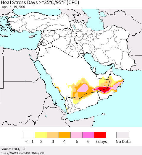 Middle East and Turkey Heat Stress Days >=35°C/95°F (CPC) Thematic Map For 4/13/2020 - 4/19/2020